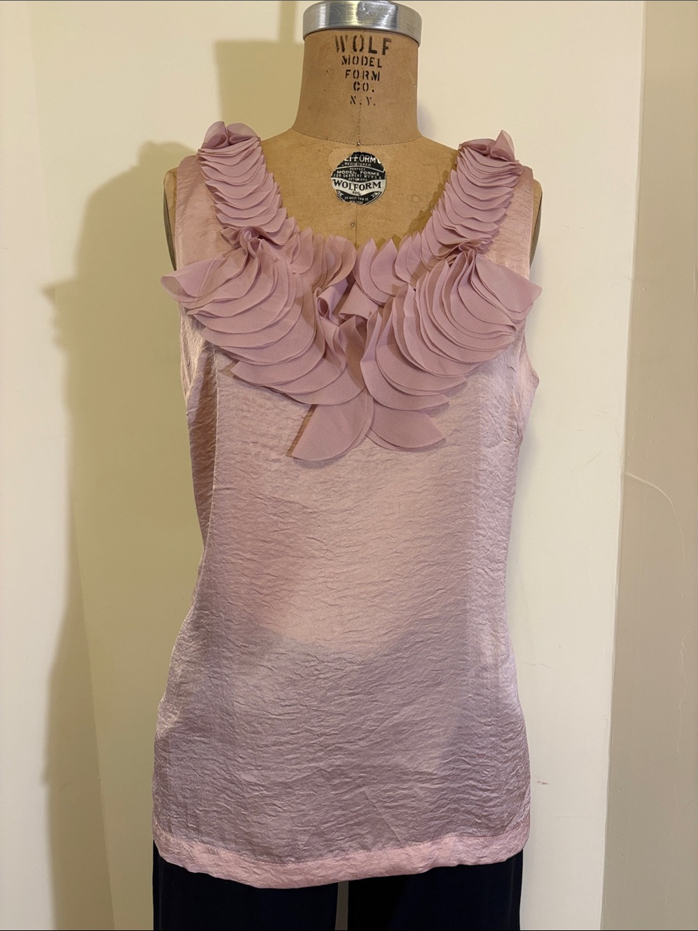 Wolfform Sleeveless Ruffled Neck Pink Satin Tank